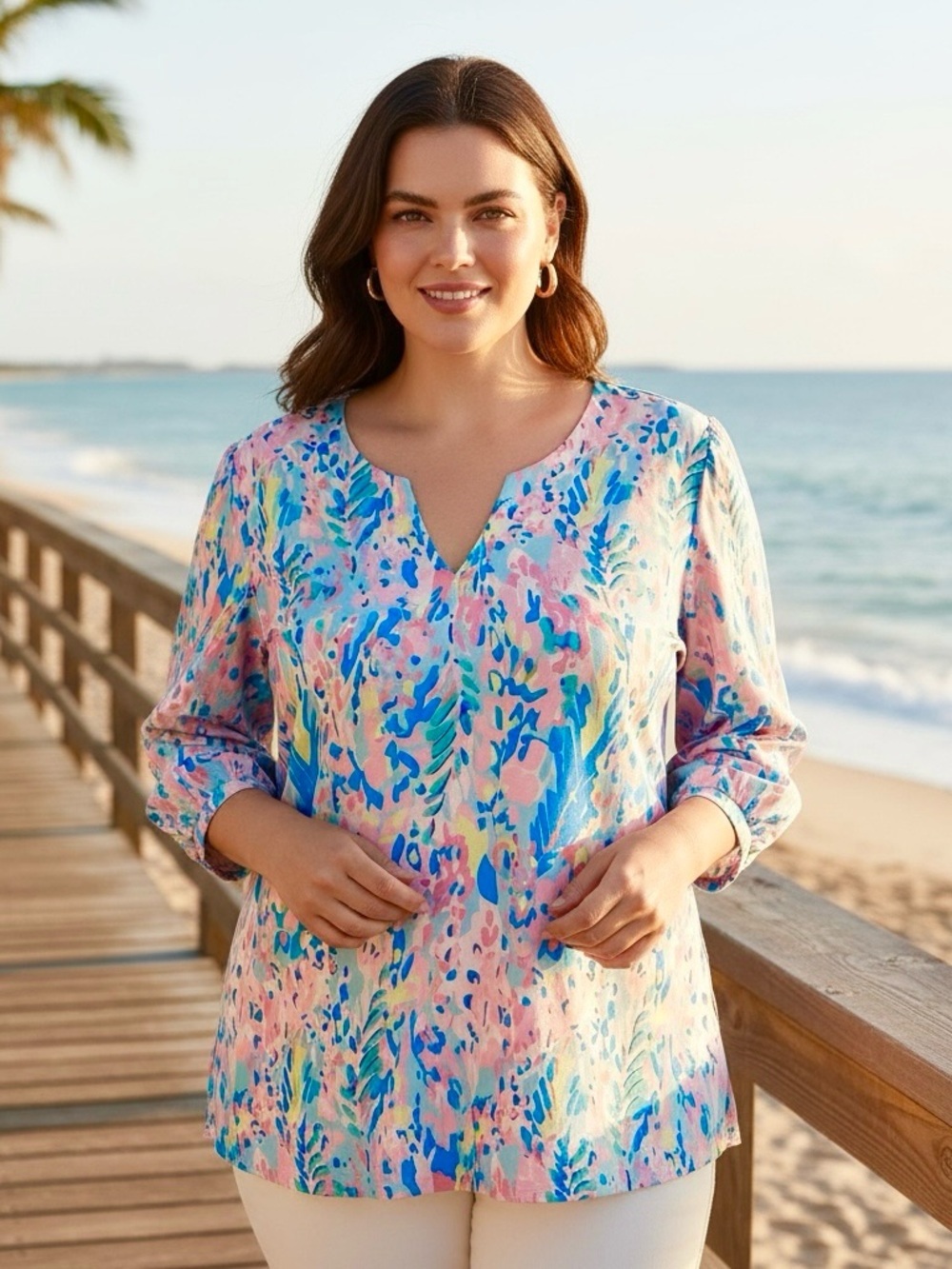 LUYAA XXL Pink Blue Green Summer Print Tunic Top NWT